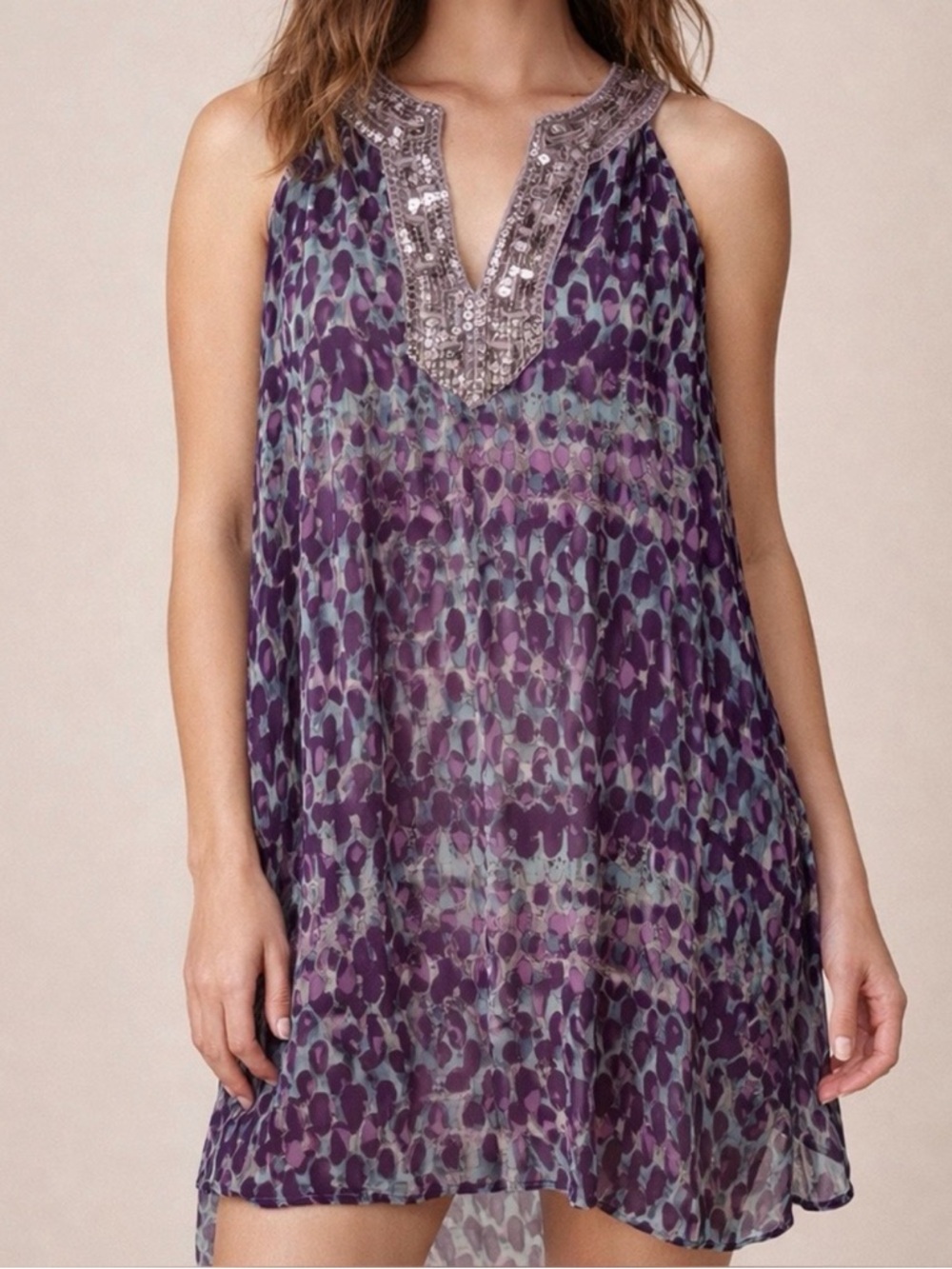 Free People Purple and Teal Dress with Silver Sequin Trim